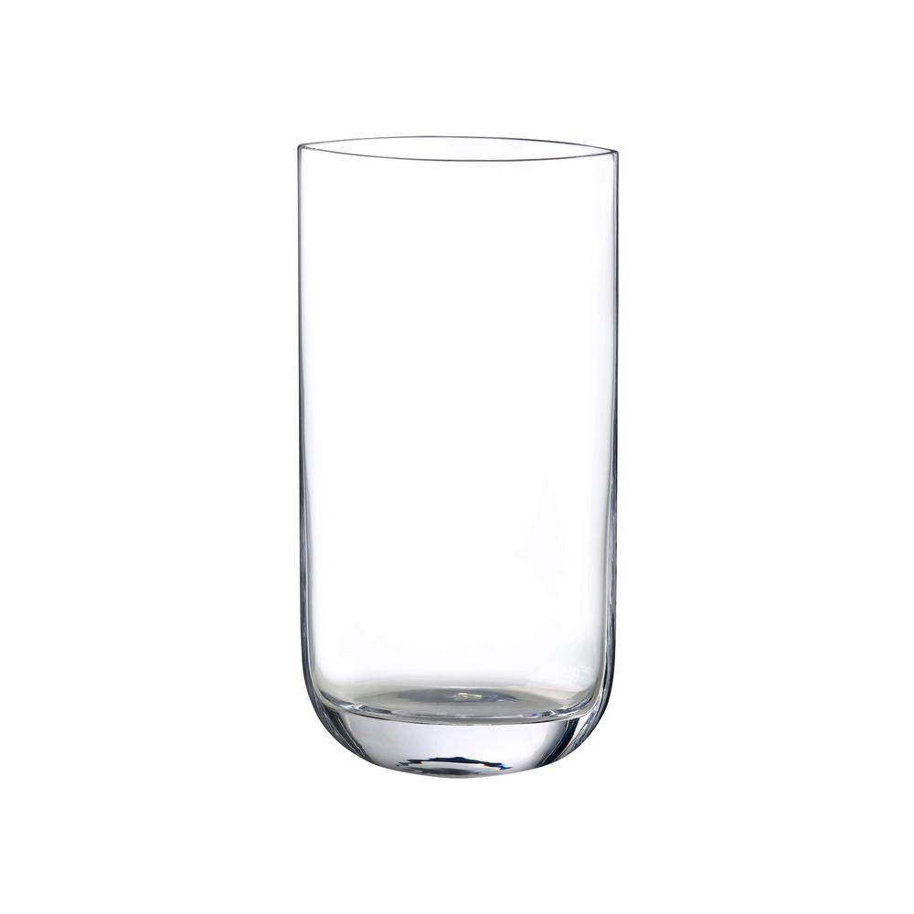 Tall modern glass vase with curved structure in Clear.
