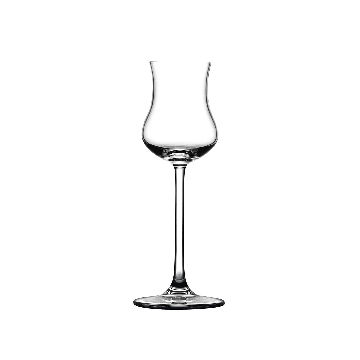 Modern Grappa glass with tapered mouth and long stem.