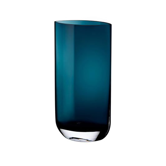 Tall modern glass vase with curved structure in Petroleum (blue).