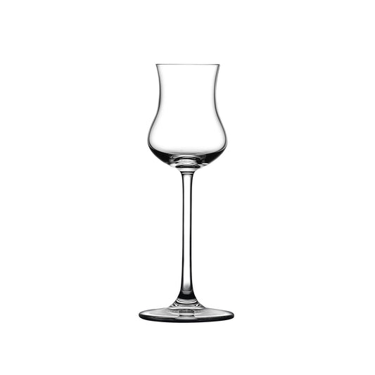 Modern Grappa glass with tapered mouth and long stem.