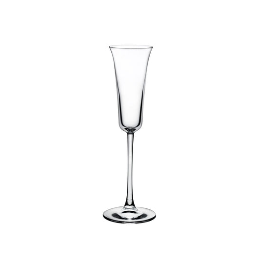 Long body, modern Grappa Glass with a long stem.